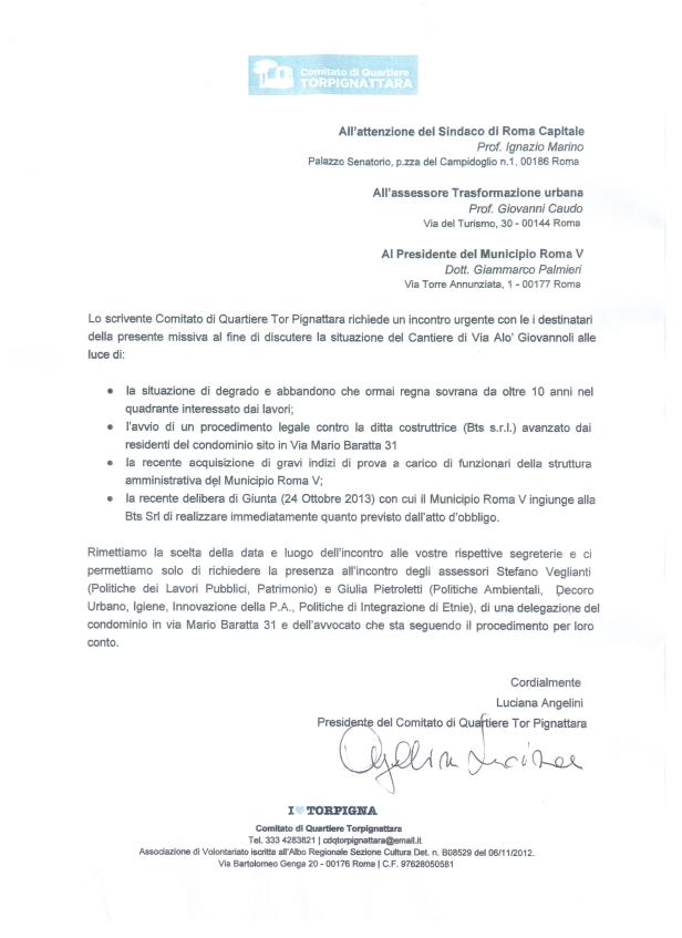 Lettera incontro con Sindaco